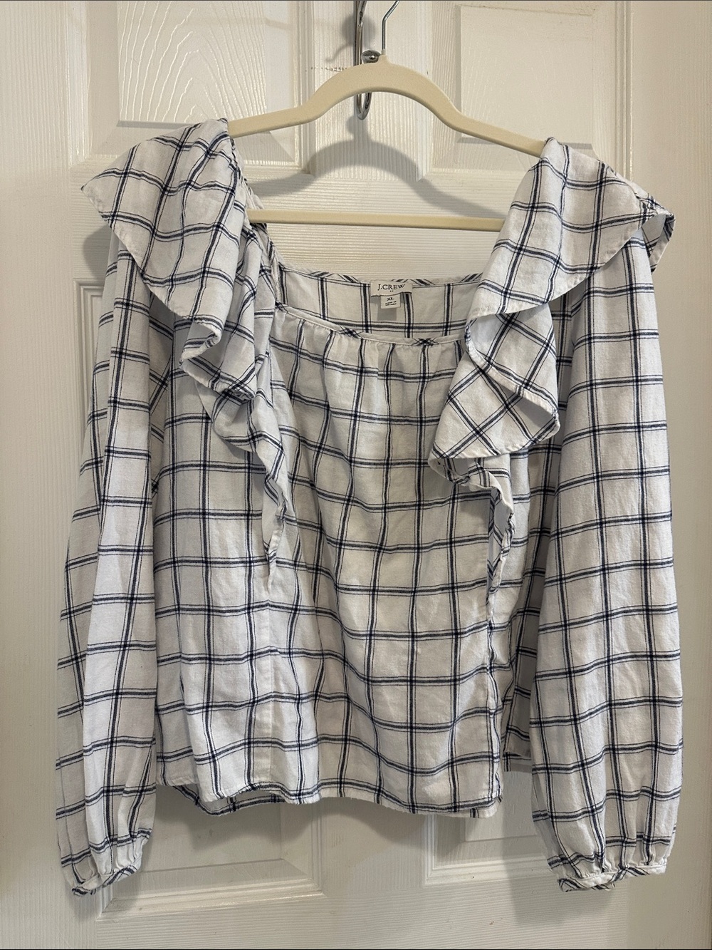J. Crew White Windowpane Ruffle-Trim Blouse